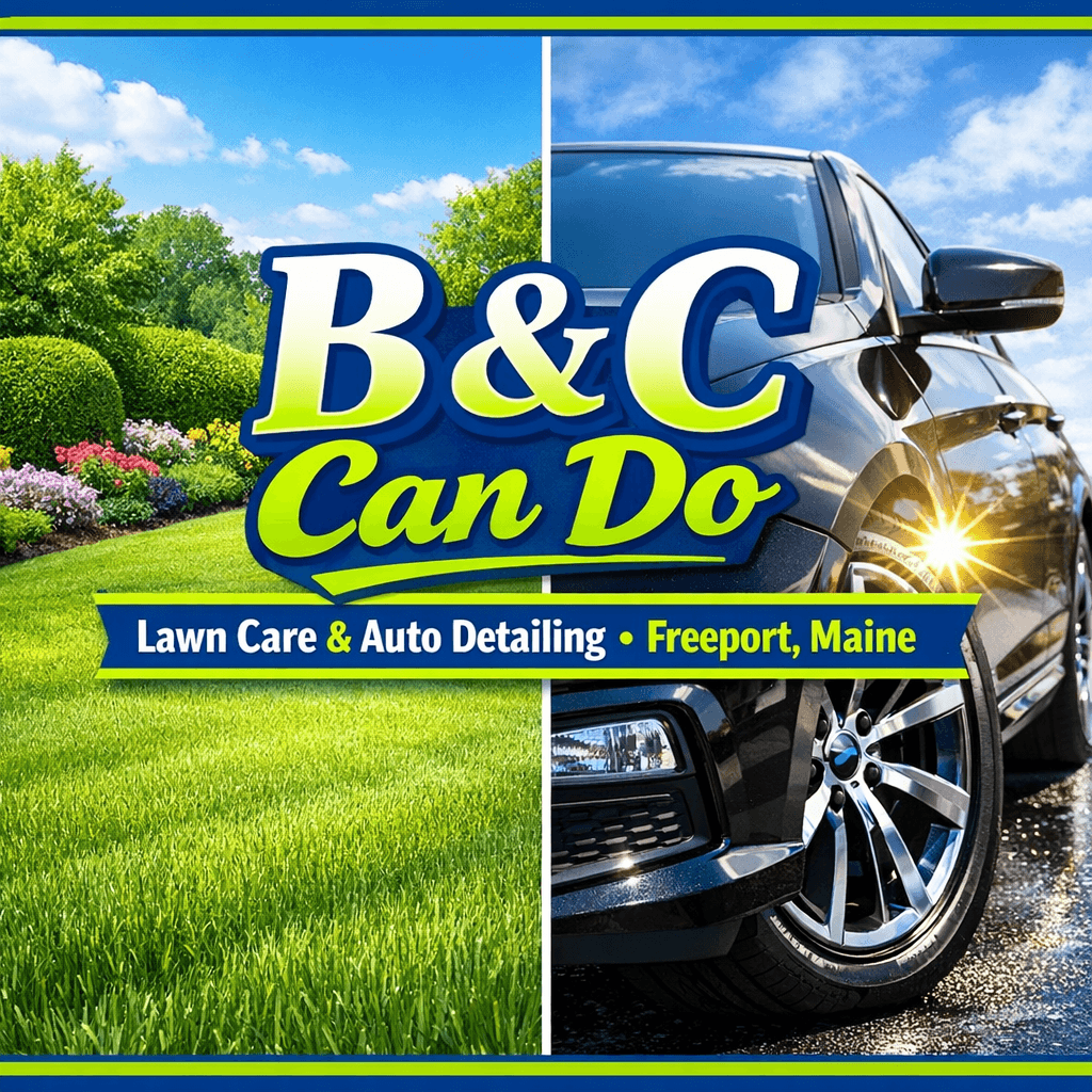 B & C Can Do social media post graphic showing landscaping and car detailing services