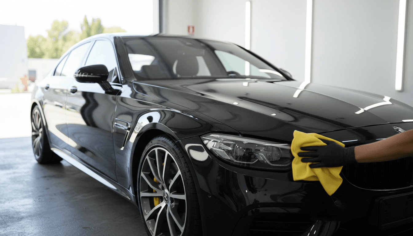 Freshly detailed vehicle with gleaming paint in Freeport detailing bay