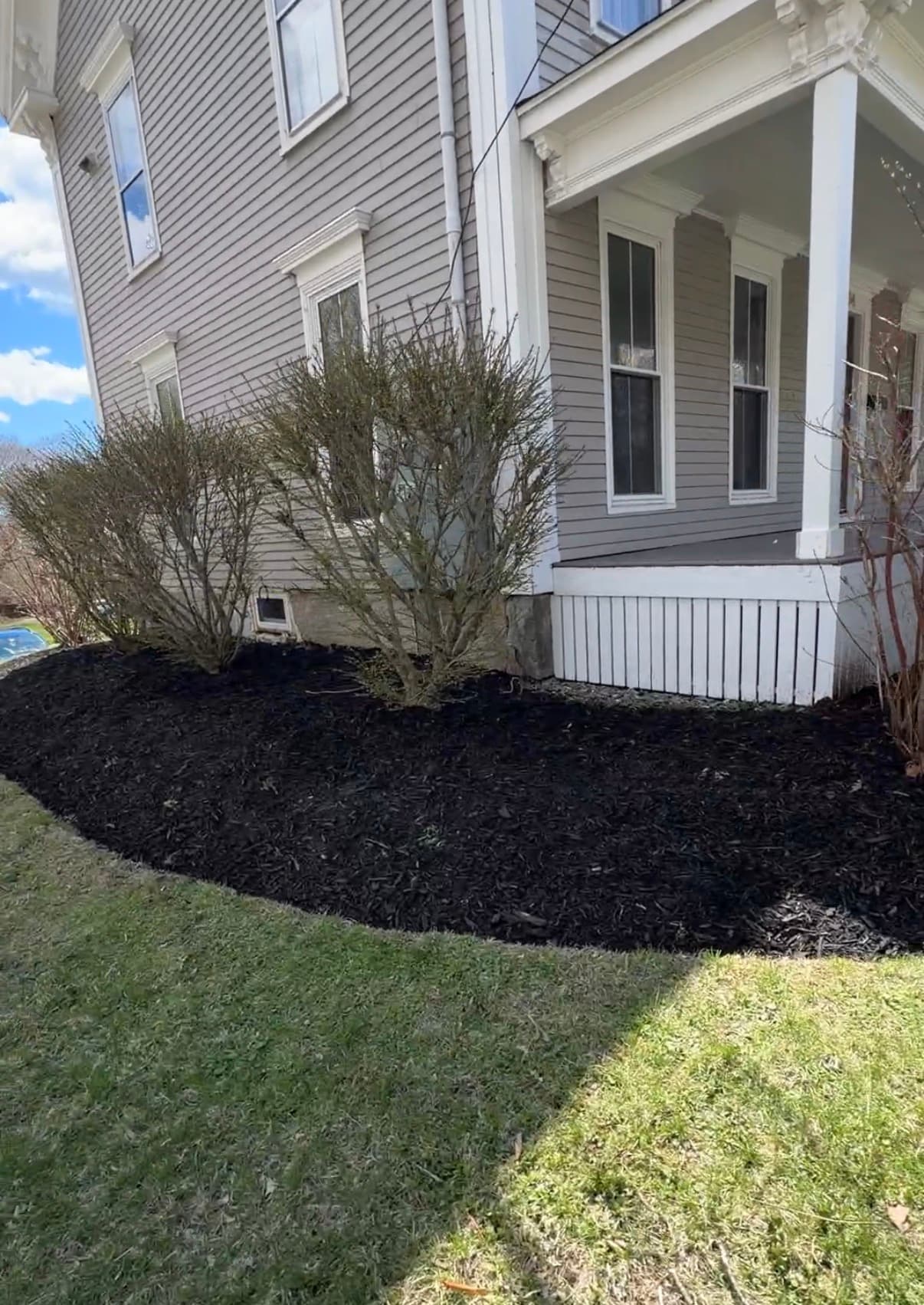 Fresh dark mulch surrounds leafless bushes in a garden bed beside a grey house.